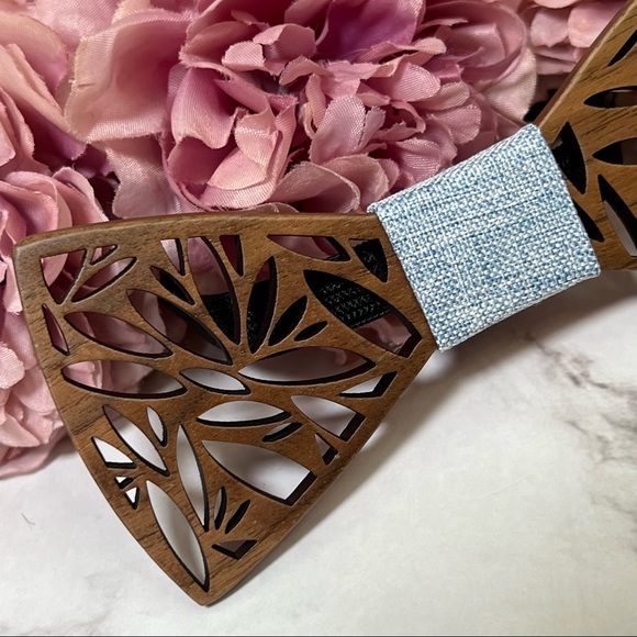 Handmade Wood Butterfly Bow Tie Cufflinks Blue Pocket Square & Boutonnière Set - Picture 8 of 16